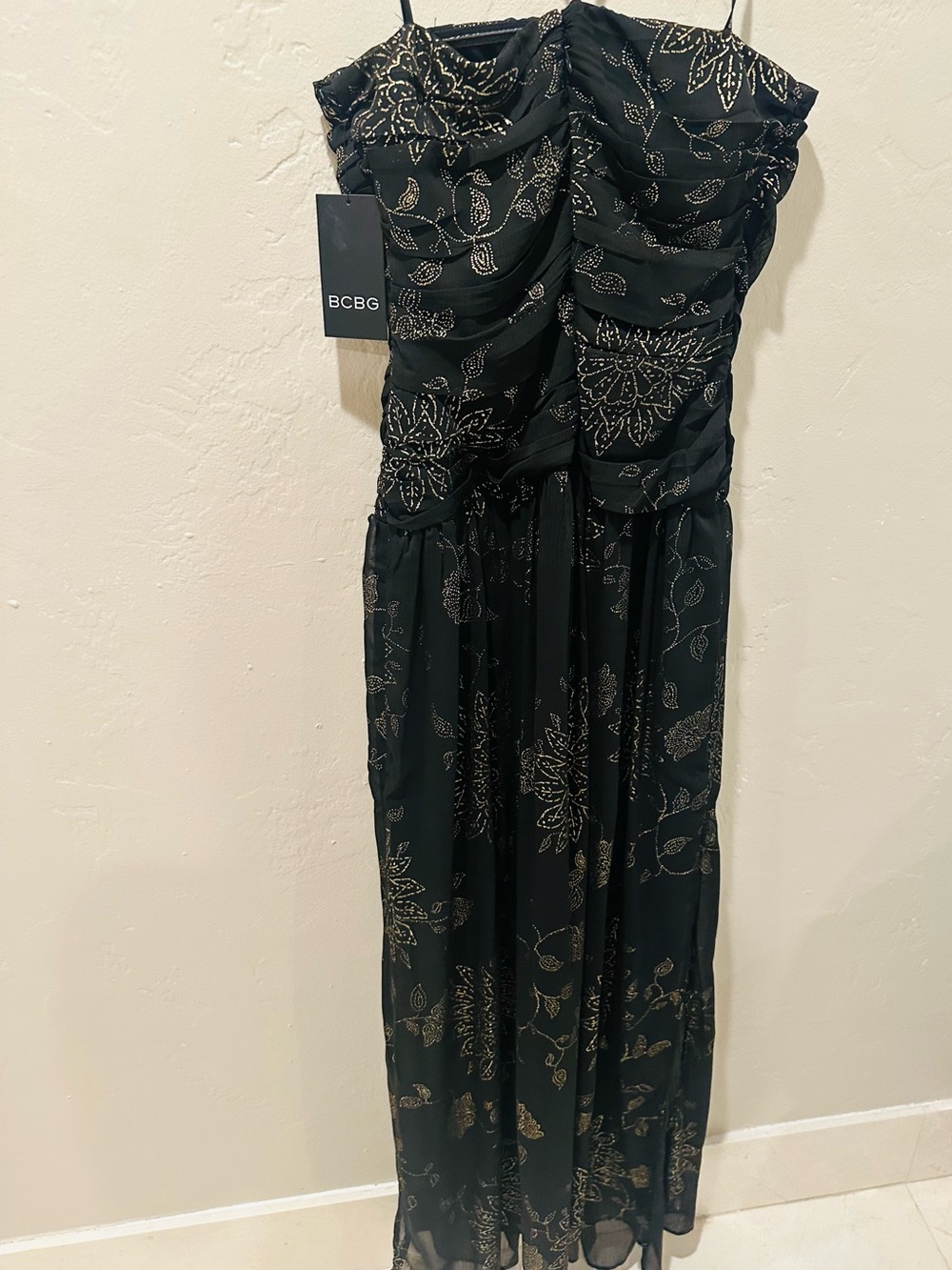 NWT BCBG Foil Pleated Strapless Maxi Dress Size 10 Black & Gold Sheer - Picture 8 of 12